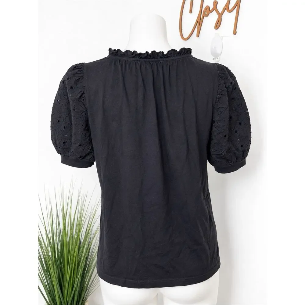LOFT Black Eyelet Puff Sleeve Tie Neck Top XS